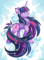 Size: 2760x3744 | Tagged: safe, artist:omnisimon11, twilight sparkle, pony, unicorn, g4, abstract background, colored pinnae, female, horn, long mane, long tail, looking up, mare, peytral, solo, standing, tail, unicorn twilight