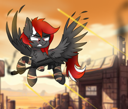 Size: 1400x1200 | Tagged: safe, artist:pizzamovies, derpibooru exclusive, oc, oc only, oc:scarlet haze, pegasus, pony, fallout equestria, angry, bandage, blood, eye scar, facial scar, female, flying, gun, gunfire, looking at someone, mare, rifle, scar, shooting, sniper rifle, solo, spread wings, weapon, wings