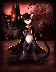 Size: 3500x4500 | Tagged: safe, artist:lunciakkk, oc, oc only, oc:chalina, bat, earth pony, undead, vampire, abstract background, artfight, castle, detailed background, gift art, jewelry, necklace, solo