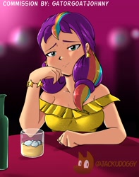 Size: 2894x3665 | Tagged: safe, artist:jackudoggy, sunny starscout, human, g5, alcohol, bedroom eyes, bottle, breasts, busty sunny starscout, clothes, date, dress, drink, drinking glass, glass, humanized, mane stripe sunny, night, offscreen character, pov, solo