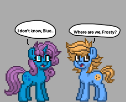 Size: 2243x1819 | Tagged: safe, artist:cookieballrun, oc, oc only, oc:blue cookie, oc:frosty berry, earth pony, pony, unicorn, pony town, duo, duo male and female, earth pony oc, female, gray background, horn, male, mare, open mouth, simple background, speech bubble, stallion, text, unicorn oc