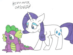 Size: 828x621 | Tagged: safe, artist:cmara, rarity, spike, dragon, pony, unicorn, g4, age difference, duo, duo male and female, female, horn, male, ship:sparity, shipping, simple background, straight, white background, winged spike, wings