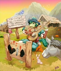 Size: 1500x1750 | Tagged: safe, alternate version, artist:mazinga669, sandbar, bird, earth pony, rabbit, anthro, plantigrade anthro, g4, alternate universe, animal, bard, boots, clothes, fantasy, fantasy class, furry confusion, green coat, green eyes, green hair, hat, hoers, imprisoned, lute, male, outdoors, playing instrument, shoes, sign, singing, solo, stocks