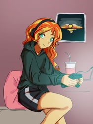 Size: 768x1024 | Tagged: safe, artist:sugarcube269, sunset shimmer, human, equestria girls, g4, clothes, controller, cute, drink, female, gamer sunset, headphones, hoodie, looking at you, nail polish, painting, pillow, shimmerbetes, shorts, smiling, solo, sunset