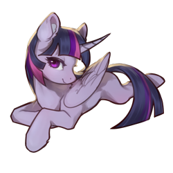 Size: 1024x1024 | Tagged: safe, artist:rikadiane, twilight sparkle, alicorn, pony, g4, folded wings, horn, looking at you, lying down, missing cutie mark, prone, solo, twilight sparkle (alicorn), watermark, wings