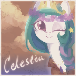 Size: 1450x1450 | Tagged: safe, artist:叶荫, princess celestia, alicorn, pony, g4, bust, clothes, cloud, cute, cutelestia, female, floral head wreath, flower, looking at you, mare, oil painting, one eye closed, passepartout, portrait, shirt, smiling, smiling at you, solo, text, traditional art, wink