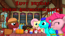 Size: 1920x1080 | Tagged: safe, artist:lancescout, fluttershy, pinkie pie, oc, oc:blue gamer, oc:bronze age, earth pony, pegasus, pony, g4, 3d, birthday, birthday cake, birthday gift, cake, cherry, chocolate, cupcake, female, food, helmet, lemon, male, present, source filmmaker, sugarcube corner, watermark