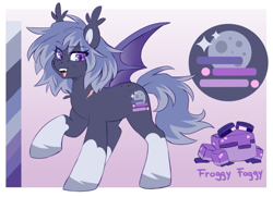 Size: 931x673 | Tagged: safe, artist:cheekipone, oc, oc only, oc:steamy nights, bat pony, pony, gradient background, passepartout, reference sheet, solo