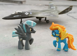 Size: 1048x762 | Tagged: safe, artist:dingopatagonico, spitfire, thunderlane, pegasus, g4, clothes, duo, duo male and female, female, male, photo, plane, toy, uniform, wonderbolts, wonderbolts uniform, yf-23 widowmaker