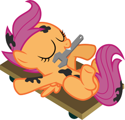 Size: 3118x3000 | Tagged: safe, artist:cloudy glow, scootaloo, pegasus, pony, g4, one bad apple, eyes closed, female, filly, foal, grease, mechanic, simple background, solo, tool, transparent background, vector, wrench