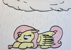 Size: 2047x1448 | Tagged: safe, artist:hoofclid, fluttershy, pegasus, pony, g4, floppy ears, lying down, marker drawing, prone, rain, sad, solo, traditional art