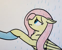 Size: 2048x1663 | Tagged: safe, artist:hoofclid, fluttershy, rainbow dash, pegasus, pony, g4, duo, duo female, female, floppy ears, frown, holding hooves, lesbian, marker drawing, offscreen character, rain, ship:flutterdash, shipping, solo focus, traditional art