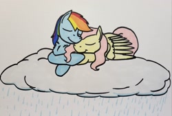 Size: 2048x1382 | Tagged: safe, artist:hoofclid, fluttershy, rainbow dash, pegasus, pony, g4, cloud, cuddling, cute, daaaaaaaaaaaw, duo, duo female, eyes closed, female, lesbian, lying down, lying on a cloud, mare, marker drawing, on a cloud, prone, rain, ship:flutterdash, shipping, smiling, traditional art