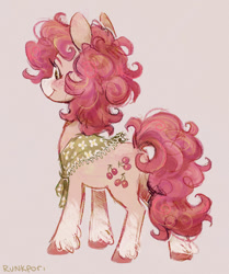 Size: 854x1020 | Tagged: safe, alternate version, artist:lutraviolet, cherries jubilee, earth pony, pony, g1, g4, 2022, alternate accessories, alternate design, alternate mane color, alternate tail color, blaze (coat marking), blushing, butt, clothes, coat markings, colored ears, colored eyebrows, colored hooves, colored muzzle, curly mane, curly tail, eyelashes, facial markings, freckles, g1 to g4, generation leap, gray background, green eyes, hatching (technique), hooves, leg fluff, lighter coat, multicolored mane, multicolored tail, old art, pale muzzle, pink coat, pink hooves, pink mane, pink tail, plot, rear view, shawl, signature, simple background, smiling, socks (coat markings), solo, standing, tail, unshorn fetlocks