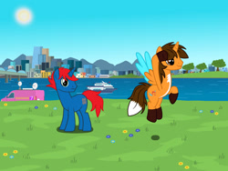 Size: 1280x960 | Tagged: safe, artist:ry-bluepony1, oc, oc only, oc:ej, oc:train track, alicorn, unicorn, g4, alicorn oc, boat, city, duo, duo male, grass, horn, lake, male, outdoors, unicorn oc, van, water, wings