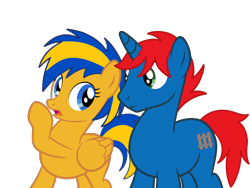 Size: 2048x1536 | Tagged: safe, artist:ry-bluepony1, oc, oc only, oc:flare spark, oc:train track, pegasus, pony, unicorn, g4, duo, duo male and female, female, horn, male, simple background, transparent background, vector