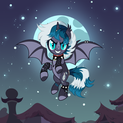 Size: 5000x5000 | Tagged: safe, artist:vi45, oc, oc only, oc:elizabat stormfeather, alicorn, bat pony, bat pony alicorn, pony, absurd resolution, alicorn oc, bat pony oc, bat wings, choker, commission, ear piercing, earring, female, flying, full moon, grin, horn, horn ring, jewelry, mare, markings, moon, necklace, night, piercing, redesign, ring, smiling, solo, spiked choker, spiked wristband, stars, tattoo, unshorn fetlocks, wing piercing, wings, wristband, ych result