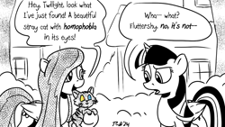 Size: 1200x675 | Tagged: safe, artist:pony-berserker, fluttershy, twilight sparkle, alicorn, cat, pegasus, pony, pony-berserker's twitter sketches, g4, animal, duo, female, heterochromia, homophobia, malapropism, mare, misunderstanding, neo noir, oblivious, partial color, pony-berserker's twitter sketches (2024), twilight sparkle (alicorn)