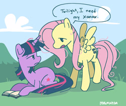 Size: 2048x1714 | Tagged: safe, artist:hogzoid, fluttershy, twilight sparkle, pony, unicorn, g4, book, dialogue, duo, duo female, female, implied drugs, looking at each other, looking at someone, lying down, prone, speech bubble, unicorn twilight, xanaxshy