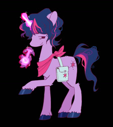 Size: 1359x1516 | Tagged: safe, artist:hogzoid, twilight sparkle, pony, g4, alternate hairstyle, bag, bandana, black background, bong, highlight sparkle, magic, saddle bag, short mane twilight sparkle, simple background, solo