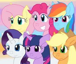 Size: 975x819 | Tagged: safe, artist:cmara, applejack, fluttershy, pinkie pie, rainbow dash, rarity, twilight sparkle, earth pony, pegasus, pony, unicorn, g4, cute, eyeshadow, female, freckles, gradient background, grin, hat, horn, makeup, mane six, mare, multicolored mane, smiling, three toned mane, unicorn twilight