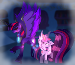 Size: 2052x1795 | Tagged: safe, alternate character, alternate version, artist:bryony6210, twilight sparkle, oc, oc:queen eclipse, alicorn, pony, g4, armor, black eye, black sclera, blurry background, chest fluff, concave belly, dream, duo, duo female, eyelashes, feathered wings, female, floppy ears, glowing, glowing cutie mark, glowing horn, height difference, hooves, horn, leonine tail, long horn, long tail, magic, magic aura, nightmare, older, older twilight, older twilight sparkle (alicorn), peytral, physique difference, purple coat, purple eyes, raised hoof, slender, smiling, smirk, spread wings, tail, tall, thin, three toned mane, three toned tail, twilight sparkle (alicorn), unicorn horn, unshorn fetlocks, wing armor, wings, worried