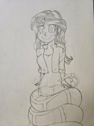 Size: 1536x2048 | Tagged: safe, artist:hiromasayoshi, sunset shimmer, human, snake, equestria girls, g4, big smile, clothes, coiling, coils, cute, cute smile, female, hypno eyes, hypnosis, hypnotized, kaa, kaa eyes, traditional art