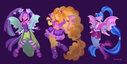 Size: 2048x1037 | Tagged: safe, artist:iksiudodi_, part of a set, adagio dazzle, aria blaze, sonata dusk, human, equestria girls, g4, female, ponied up, purple background, redraw, simple background, the dazzlings, trio, trio female