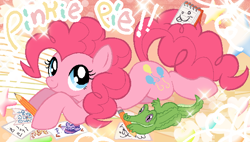 Size: 608x345 | Tagged: safe, artist:muffinz, gummy, pinkie pie, alligator, earth pony, pony, g4, cute, diapinkes, drawing, duo, gummybetes, lying down, name, notepad, pencil, pink coat, pixel-crisp art, prone, smiling, sparkles, sploot
