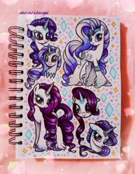 Size: 3024x3921 | Tagged: safe, artist:dariarchangel, part of a set, rarity, unicorn, g4, g5, alternate cutie mark, alternate hair color, alternate hairstyle, blue eyes, blue eyeshadow, bracelet, bust, coat markings, colored hooves, colored horn, cute, duckface, eyeshadow, female, fetlock tuft, floppy ears, g5 concept leaks, g5 to g4, gem, generation leap, gradient mane, headband, hooves, horn, jewelry, lidded eyes, long hair, long mane, long tail, looking at you, looking up, makeup, mare, necklace, photo, portrait, pouting, purple hair, purple mane, purple tail, raribetes, rarity (g5 concept leak), rarity is not amused, sketchbook, smiling, solo, sparkles, standing, tail, thick eyelashes, tiara, traditional art, unamused, unshorn fetlocks, wall of tags, wavy mane, what could have been, white coat