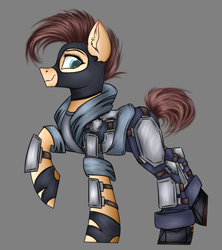 Size: 2206x2486 | Tagged: safe, artist:darklight1315, earth pony, pony, fallout equestria, balaclava, boots, clothes, concept art, denim, fallout equestria: mayday, gloves, gray background, jeans, pants, shoes, simple background, solo