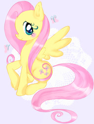 Size: 1280x1683 | Tagged: safe, artist:tinkerdolly, fluttershy, butterfly, pegasus, pony, g4, blush sticker, blushing, cute, female, lavender background, mare, simple background, sitting, solo, spread wings, wings