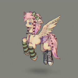 Size: 3500x3500 | Tagged: safe, artist:p1elemuisje, fluttershy, pegasus, pony, g4, alternate design, alternate hairstyle, alternative, bow, choker, chokershy, clothes, colored pinnae, converse, coontails, dyed hair, dyed mane, dyed tail, ear piercing, earring, emo, eyebrow piercing, flying, goth, gray background, hair bow, jewelry, leg warmers, necktie, piercing, scene, scene queen, shoes, simple background, skirt, solo, spiked choker, spread wings, striped leg warmers, tail, unshorn fetlocks, wings