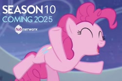 Size: 1280x853 | Tagged: safe, edit, edited screencap, screencap, pinkie pie, earth pony, pony, g4, season 10, ^^, eyes closed, fake, faker than a three dollar bill, female, hub logo, logo, mare, the hub