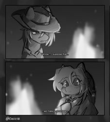 Size: 1355x1500 | Tagged: safe, artist:cuiicie, oc, oc only, oc:lucky shot, oc:strawberry splash, pony, campfire, clothes, cowboy hat, duo, fire, grayscale, hat, monochrome, text