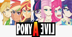 Size: 1198x611 | Tagged: artist needed, safe, applejack, fluttershy, pinkie pie, rainbow dash, rarity, sci-twi, sunset shimmer, twilight sparkle, human, equestria girls, g4, female, human coloration, humane five, humane seven, humane six, live a live, looking at you, open mouth, open smile, smiling, smiling at you, straw in mouth