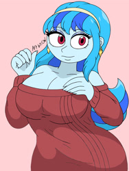 Size: 3000x4000 | Tagged: safe, artist:c_w, sonata dusk, human, equestria girls, g4, breasts, busty sonata dusk, cleavage, clothes, cosplay, costume, curvy, ear piercing, earring, eyelashes, eyeshadow, hand on breasts, hand on chest, jewelry, looking at you, makeup, piercing, smiling, smiling at you, solo, spy x family, sweater, yor forger