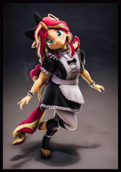 Size: 4000x5656 | Tagged: safe, artist:imafutureguitarhero, sunset shimmer, classical unicorn, unicorn, anthro, unguligrade anthro, g4, 3d, absurd resolution, arm fluff, arm freckles, border, bow, cheek fluff, chin fluff, chromatic aberration, claws, clothes, cloven hooves, colored eyebrows, colored eyelashes, cute, ear fluff, ear freckles, fangs, female, film grain, floppy ears, fluffy, freckles, fur, grin, hair bow, hand freckles, head tilt, hoof fluff, horn, leonine tail, long hair, long mane, looking at you, maid, maid sunset shimmer, mare, multicolored hair, multicolored mane, multicolored tail, neck fluff, one ear down, paintover, peppered bacon, raised hoof, raised leg, revamped anthros, revamped ponies, shadow, shimmerbetes, shirt, shortstack, signature, smiling, smiling at you, snaggletooth, socks, solo, source filmmaker, stockings, tail, thigh highs, unshorn fetlocks, vertical, wall of tags