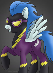 Size: 1024x1424 | Tagged: safe, artist:lavenderrain24, nightshade, pegasus, pony, g4, clothes, costume, female, mare, raised hoof, shadowbolts, shadowbolts uniform, smiling, solo, spread wings, wings