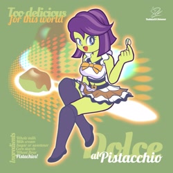 Size: 1920x1920 | Tagged: safe, artist:theratedrshimmer, victoria, human, equestria girls, g4, adorasexy, aesthetics, chibi, chromatic aberration, clothes, cute, dessert, female, food, maid, sexy, skirt, socks, solo, spoon, stockings, thigh highs, y2k