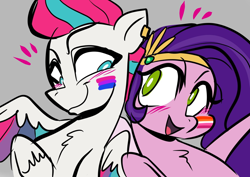 Size: 1754x1240 | Tagged: safe, artist:jully-park, pipp petals, zipp storm, pegasus, pony, g5, bisexual pride flag, brother and sister, duo, duo male and female, ear piercing, earring, emanata, female, gray background, headband, jewelry, lesbian pride flag, looking at each other, looking at someone, male, mare, open mouth, open smile, piercing, pride, pride flag, siblings, simple background, smiling, smiling at each other, transgender