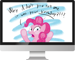 Size: 3662x2909 | Tagged: safe, artist:solarflare6041, pinkie pie, earth pony, pony, g4, abstract background, breaking the fourth wall, computer, female, imac, mare, monitor, solo, speech bubble, text