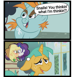 Size: 2048x2048 | Tagged: safe, artist:trrrebleee, artist:trrriple0dds, edit, edited screencap, screencap, applejack, rarity, snails, snips, human, pony, unicorn, boast busters, g4, colt, comic, female, foal, fudanshi, horn, kiss on the lips, kissing, lesbian, male, meme, ship:rarijack, shipping, thought bubble