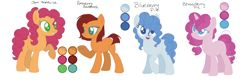 Size: 1434x476 | Tagged: safe, artist:selenaede, artist:trollertnt, oc, oc only, oc:blueberry pie, oc:jam sandwich, oc:raspberry jam, oc:strawberry pie, earth pony, pony, unicorn, base used, blue coat, blue eyes, blue pupils, brown coat, color palette, colored pupils, earth pony oc, female, green eyes, green pupils, grin, half-siblings, horn, mare, name, offspring, open mouth, open smile, orange coat, parent:cheese sandwich, parent:pinkie pie, parent:pokey pierce, parents:cheesepie, parents:pokeypie, pink coat, siblings, simple background, sisters, smiling, teeth, unicorn oc, white background