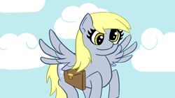 Size: 1920x1080 | Tagged: safe, artist:claynus, derpy hooves, pegasus, g4, bag, cloud, flying, mailmare, saddle bag, sky, solo, wings