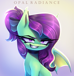 Size: 2907x3000 | Tagged: safe, artist:opal_radiance, oc, oc only, oc:greenfeather, bat pony, bat pony oc, gradient background, solo