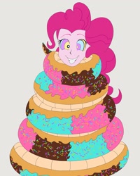 Size: 1639x2048 | Tagged: safe, alternate version, artist:hiromasayoshi, pinkie pie, human, equestria girls, g4, alternate, coils, cute, diapinkes, donut, donut snake, female, food, gray background, grin, hypno eyes, hypno pie, hypnosis, hypnotized, kaa eyes, simple background, smiling, wrapped snugly, wrapped up