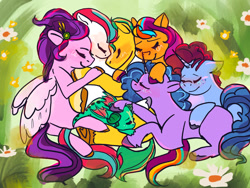 Size: 1280x960 | Tagged: safe, artist:flurryheart04, hitch trailblazer, izzy moonbow, misty brightdawn, pipp petals, sparky sparkeroni, sunny starscout, zipp storm, dragon, earth pony, pegasus, pony, unicorn, g5, abstract background, baby, baby dragon, blushing, eyes closed, female, floppy ears, flower, group hug, horn, hug, male, mane five, mane six (g5), mare, rebirth misty, smiling, stallion