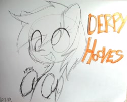 Size: 3290x2636 | Tagged: safe, artist:kruvvv, derpy hooves, pony, g4, colorless, cross-eyed, hooves to the chest, irl, open mouth, photo, raised hoof, raised hooves, simple background, sketch, solo, text, traditional art, white background