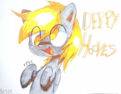 Size: 3433x2673 | Tagged: safe, alternate version, artist:kruvvv, derpy hooves, pony, g4, cross-eyed, hooves to the chest, irl, open mouth, photo, raised hoof, raised hooves, simple background, sketch, solo, text, traditional art, white background